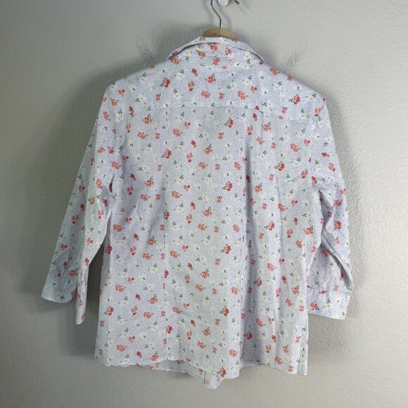 LL Bean Shirt Womens Large Petite Blue Floral Wrinkle Free Button Up 3/4 Sleeve - Picture 8 of 9